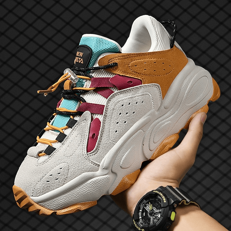 Waterproof thick bottom running shoe with colorful accents and breathable leather upper, designed for comfort and stability outdoors.